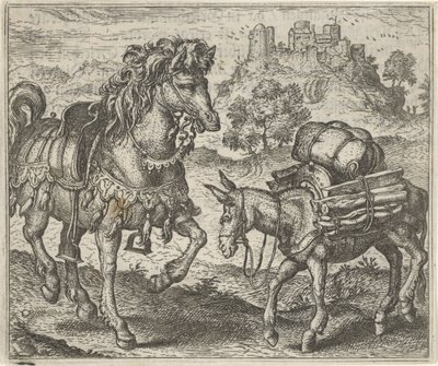 Fábula del burro descontento y el caballo de guerra de Egidius  Sadeler (II)