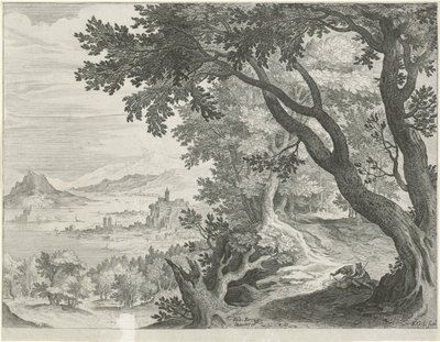 Paisaje con dos figuras debajo de un árbol. de Egidius  Sadeler (II)