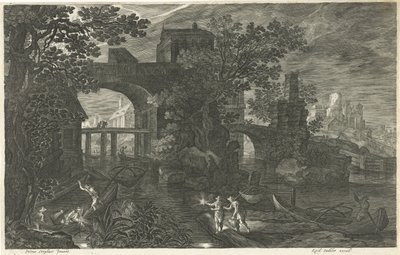 Escena nocturna con pescadores en un río. Ocho paisajes en Bohemia (título de la serie) de Egidius  Sadeler (II)