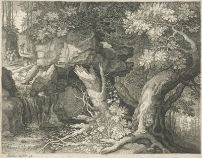 Viajeros sobre una cascada Seis paisajes (título de la serie) de Egidius  Sadeler (II)