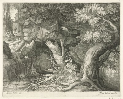 Viajeros sobre una cascada Seis paisajes (título de la serie) de Egidius  Sadeler (II)