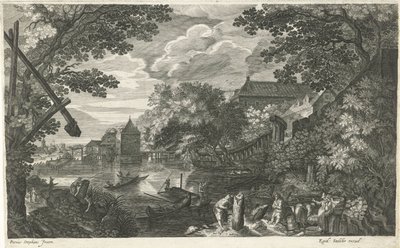 Paisaje fluvial con pescadores y obreros. Ocho paisajes en Bohemia (título de la serie) de Egidius  Sadeler (II)
