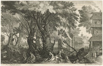 Cazadores descansando cerca de un grupo de árboles. Ocho paisajes de Bohemia (título de la serie) de Egidius  Sadeler (II)