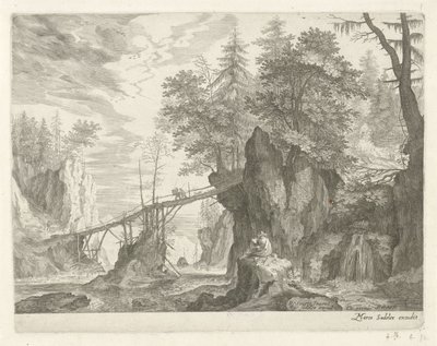 Dibujante sentado en una piedra frente a un puente Paisajes de montaña del Tirol (título de la serie) de Egidius  Sadeler (II)
