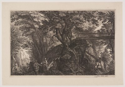 Un bosque con un puente de madera a la derecha, de Ocho escenas de Bohemia de Aegidius Sadeler II