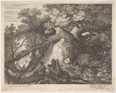 Un hombre sosteniendo un bastón y sentado en un tronco de árbol, con dos cabras a cada lado, rodeado de Aegidius Sadeler II