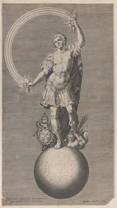 Figura alegórica de un guerrero de pie sobre un globo con el escudo papal de Aegidius Sadeler II
