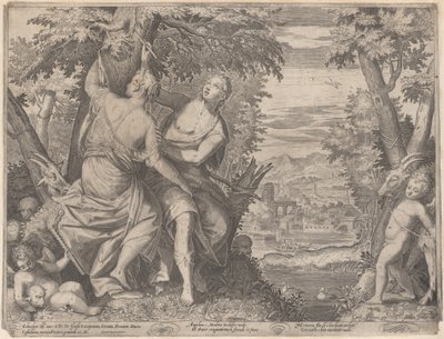 Angélica y Medoro, están junto a un arroyo mientras Medoro talla sus nombres en un árbol, 1590-98 de Aegidius Sadeler II