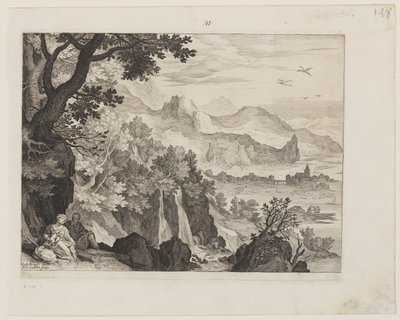 Paisaje montañoso con El Descanso en la Huida a Egipto de Aegidius Sadeler II