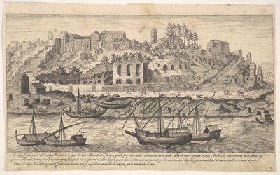 Vista desde el oeste de las ruinas de la colina Aventino, Roma, con barcos en el río, 1606 de Aegidius Sadeler II
