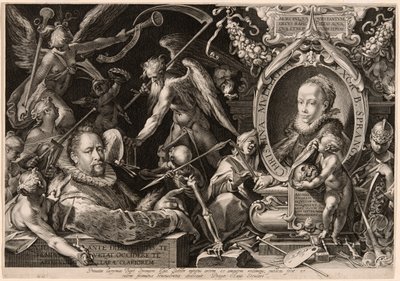 Retrato de Bartolomaeus Spranger con una alegoría de la muerte de su esposa, Christina Müller de Aegidius Sadeler II