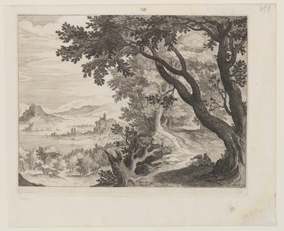 Paisaje fluvial con dos personas sentadas bajo un árbol de Aegidius Sadeler II