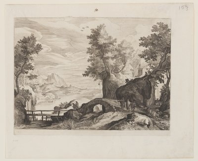 Paisaje fluvial con un puente de piedra y otro de madera de Aegidius Sadeler II