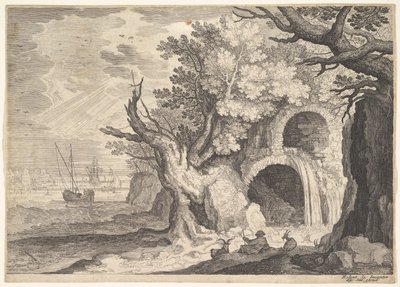 Acueducto en ruinas con agua derramándose hacia un arroyo abajo, barcos en el mar más allá, ca. 1600 de Aegidius Sadeler II