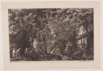 Escena ocho: Un bosque con un puente de madera, de Ocho escenas de Bohemia de Aegidius Sadeler II