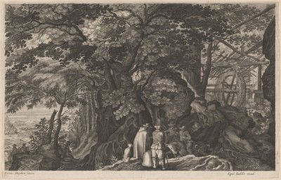 Árboles antiguos junto a un molino de agua en la montaña de Aegidius Sadeler II after Pieter Stevens