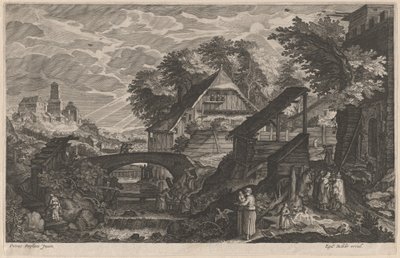 Casas de Campo junto a un Río con una Ciudad al Fondo de Aegidius Sadeler II after Pieter Stevens