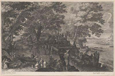 Pescadores junto a un Molino de Agua en una Isla de Aegidius Sadeler II after Pieter Stevens