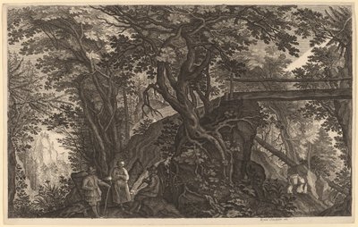 Paisaje forestal con dos hombres y una mujer descansando cerca de un puente de Aegidius Sadeler II after Pieter Stevens