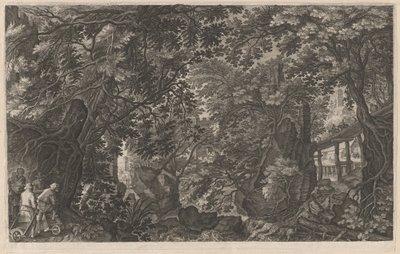 Cazadores en un bosque cerca de un puente de madera de Aegidius Sadeler II after Pieter Stevens