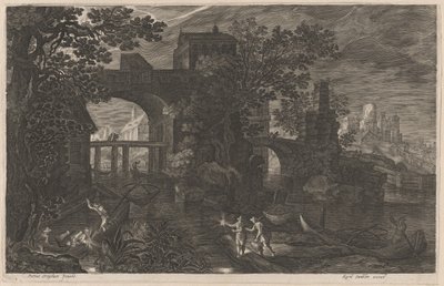 Pesca nocturna cerca de puentes fortificados de Aegidius Sadeler II after Pieter Stevens
