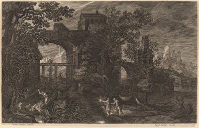 Paisaje nocturno con pescadores en el río fuera de las murallas de la ciudad de Aegidius Sadeler II after Pieter Stevens