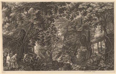 Paisaje fluvial con un cazador de patos de Aegidius Sadeler II after Pieter Stevens