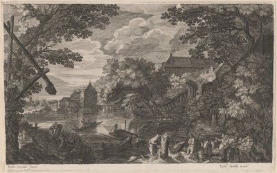 Paisaje fluvial con pescadores junto a una ciudad fortificada de Aegidius Sadeler II after Pieter Stevens
