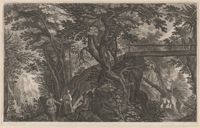 Viajeros descansando en un bosque montañoso junto a un puente de troncos de Aegidius Sadeler II after Pieter Stevens