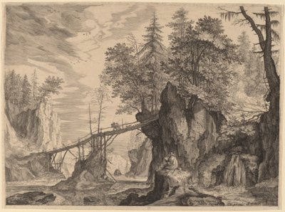 Dibujante sobre una piedra frente a un puente de Aegidius Sadeler II after Roelandt Savery