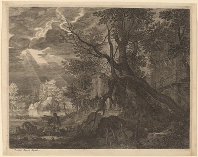 Paisaje con hombres pescando a la luz de la luna de Aegidius Sadeler II after Roelandt Savery