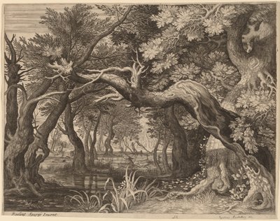 Caza de ciervos cerca de un estanque de Aegidius Sadeler II after Roelandt Savery