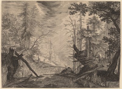 Tres cazadores y dos perros cerca de un estanque de Aegidius Sadeler II after Roelandt Savery