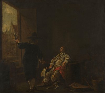 Cartel de una tienda de vinos, con Degustación del vino en un lado y Envasado del vino en el otro de Aelbert Cuyp (circle of)