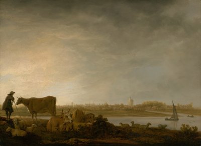 Vista de Vianen con un pastor y ganado junto a un río, c. 1643-45 de Aelbert Cuyp