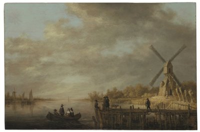 Paisaje fluvial con un molino de viento y, en primer plano, unos caballeros en una barca de remos y en un embarcadero (óleo sobre tabla) de Aelbert Cuyp
