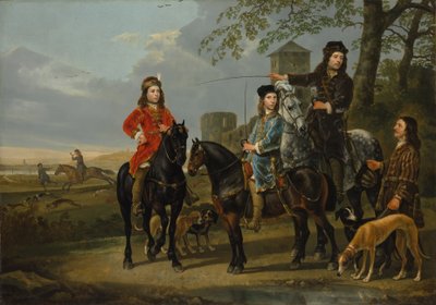 Retrato Ecuestre de Cornelis y Michiel Pompe van Meerdervoort con su Tutor y Cochero, Partiendo para la Caza, c.1652-53 de Aelbert Cuyp