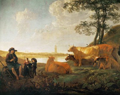 Paisaje con pastores y rebaño, cerca de Rhenen, Países Bajos ... de Aelbert Cuyp