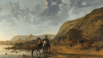 Paisaje fluvial con jinetes
Paisaje fluvial cerca de Nimega con jinetes dando de beber a sus caballos de Aelbert Cuyp