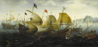 Batalla de Cádiz, barcos holandeses e ingleses atacan la Armada Española, 1608 de Aert Anthonisz