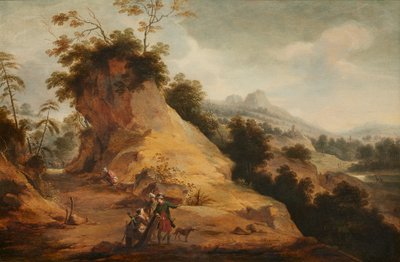 Paisaje rocoso con cazadores vestidos con trajes orientales, conversando en un camino rocoso de Aert Jansz Marienhof