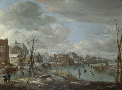 Un río congelado cerca de un pueblo, con golfistas y patinadores de Aert van der Neer