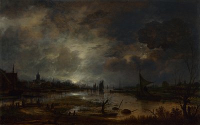 Un río cerca de una ciudad, a la luz de la luna, c. 1645 de Aert van der Neer