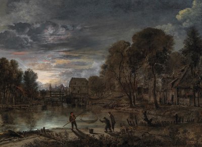 Un paisaje nocturno con pescadores de Aert van der Neer