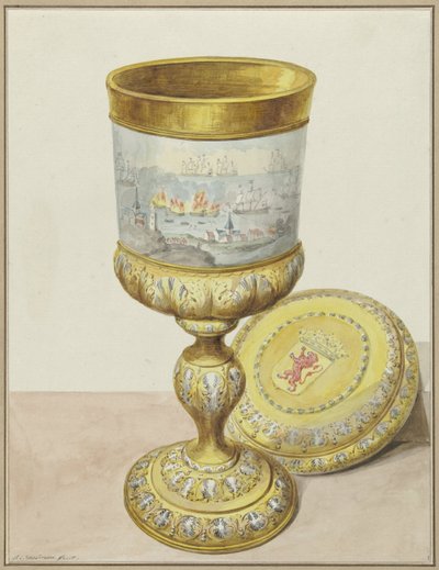 Copa de oro con tapa, regalada a Cornelis de Witt con motivo del Viaje a Chatham, 1667 de Aert Schouman (signed by artist)