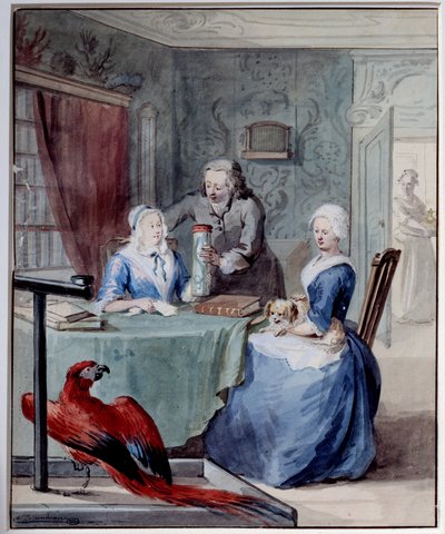 Un naturalista muestra a dos mujeres un frasco que contiene una serpiente en primer plano un loro de Aert Schouman