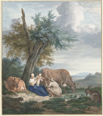 Mujer campesina y agricultora con niño en un paisaje con ganado. de Aert Schouman