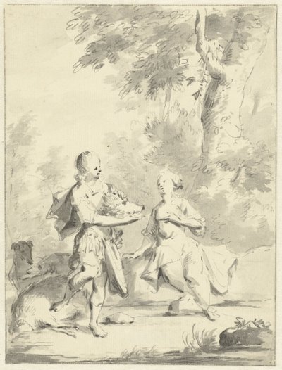 Meleagro le da a Atalante la cabeza del jabalí de Calidón. de Aert Schouman