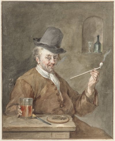 Hombre que fuma en pipa en una mesa con un plato, un cuchillo y un vaso de Aert Schouman