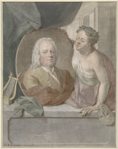 Medalla de retrato de la francesa Greenwood sostenida por una musa de Aert Schouman